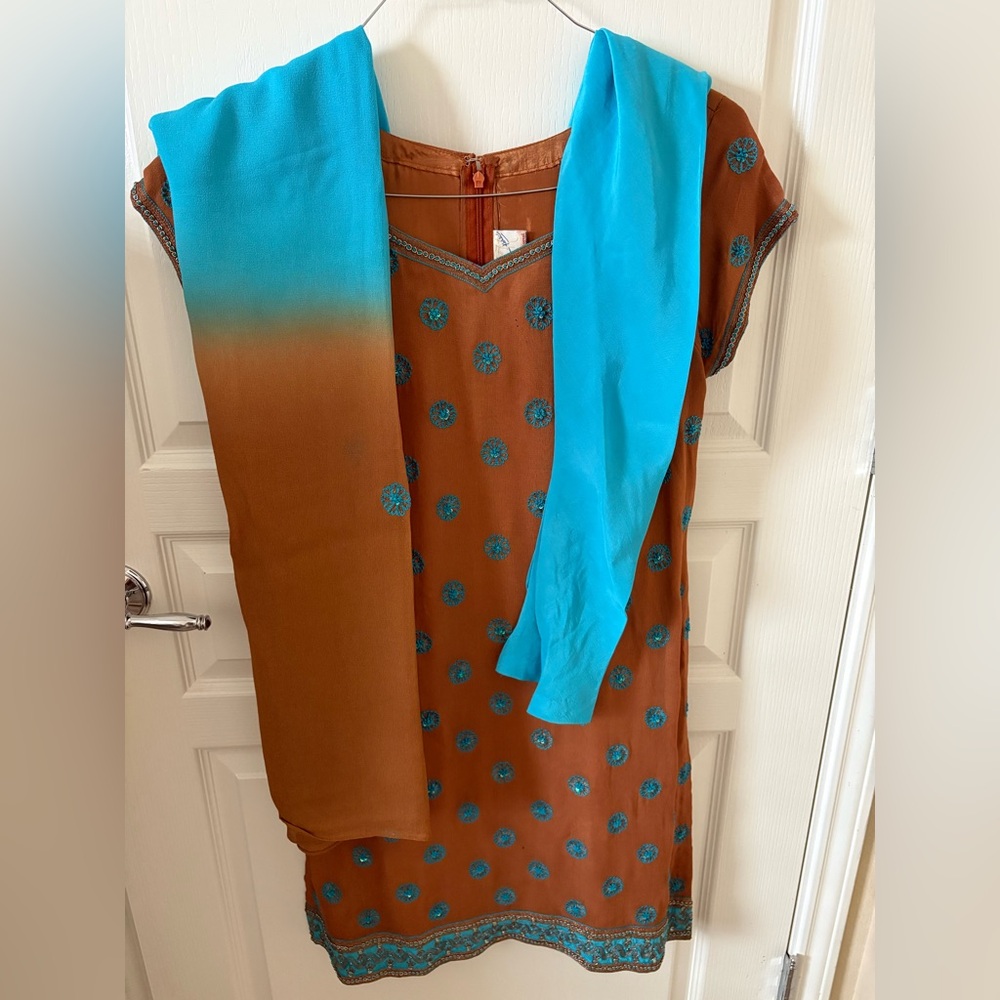 Brown and Blue Embroidered Women's 3 Piece Indian Set